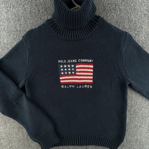 Polo Jeans Ralph Lauren Flag Sweater Knit Large Blue Embroidered Turtleneck - Picture 1 of 16